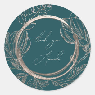 Sticker Rond Merci Nom Magnolia Floral Rose Turquoise Jardin