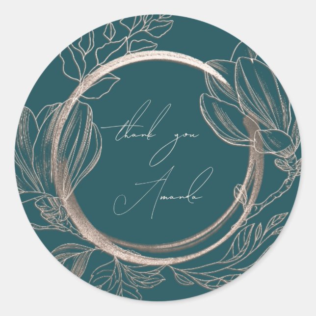 Sticker Rond Merci Nom Magnolia Floral Rose Turquoise Jardin (Devant)