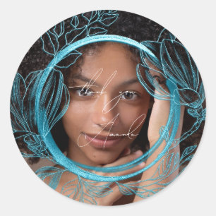 Sticker Rond Merci Nom Magnolia Jardin Floral Bleu