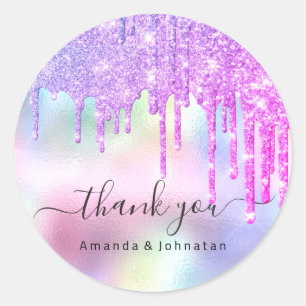 Sticker Rond Merci Nom Mariage Parties scintillant Holographe D