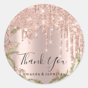 Sticker Rond Merci Nom Mariage Parties scintillant Rose Floral