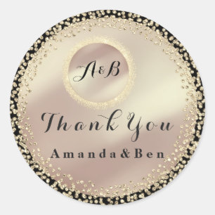 Sticker Rond Merci Nom Monogramme Pailleté Rose Gold Noir