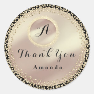 Sticker Rond Merci Nom Paillettes Monogramme Rose Or Noir