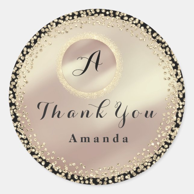 Sticker Rond Merci Nom Paillettes Monogramme Rose Or Noir (Devant)