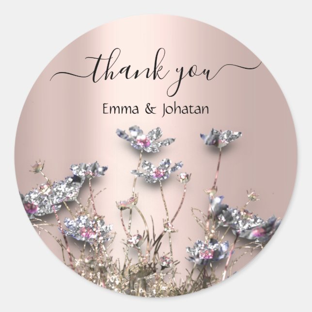 Sticker Rond Merci Nom Prairie Fleurie Rose Or (Devant)