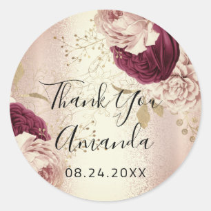 Sticker Rond Merci Nom  Rose Gold  Florales Marsala