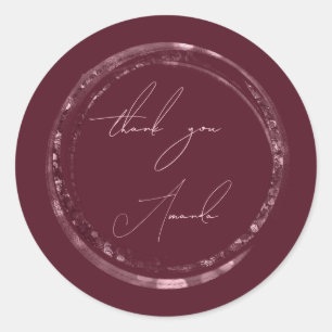 Sticker Rond Merci Nom Sceau Rose Bourgogne Paillettes 