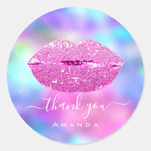 Sticker Rond Merci Nom Sweet16th Mariage Rose Holographique  Lè