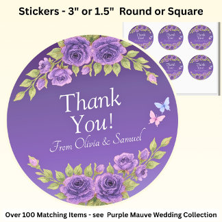 Sticker Rond Merci ! Noms de la mariée et du marié Fleurs Mauve