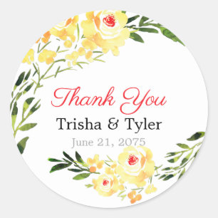 Sticker Rond Merci, Noms et Date Jaune Fleurs W/C Mariage