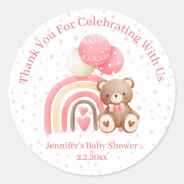Sticker Rond merci nous pouvons attendre le baby shower rose (Devant)