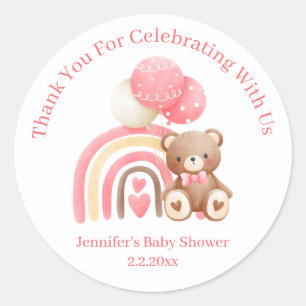 Sticker Rond merci nous pouvons attendre rose baby shower migno