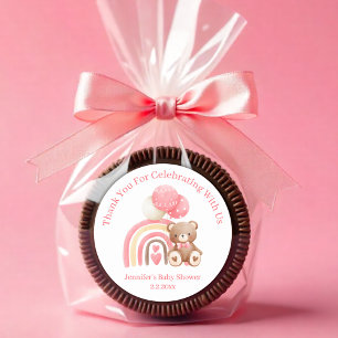 Sticker Rond merci nous pouvons attendre rose baby shower migno