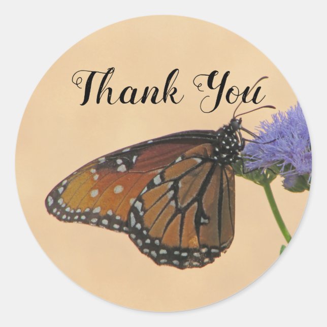 Sticker Rond Merci Orange Monarch Floral Photo Papillon (Devant)