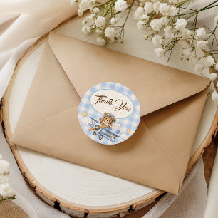 Sticker Rond Merci Ours en peluche Avion Gingham bleu