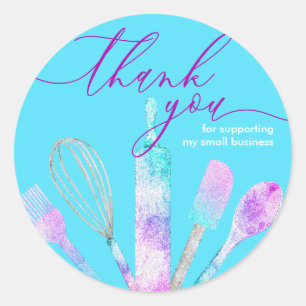 Sticker Rond Merci outils de pâtisserie bleu sarcelle