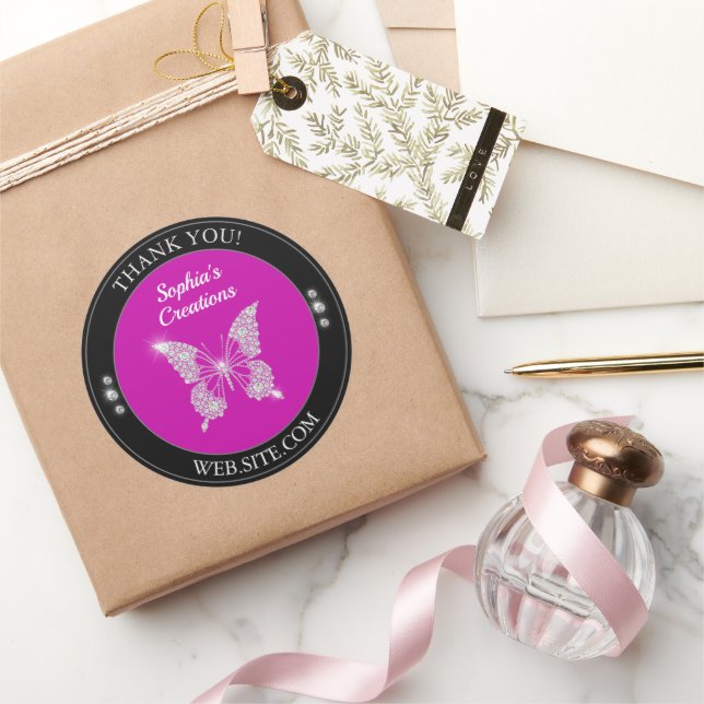 Sticker Rond Merci, Papillon Diamant, Noir & Fuchsia (Cadeaux)