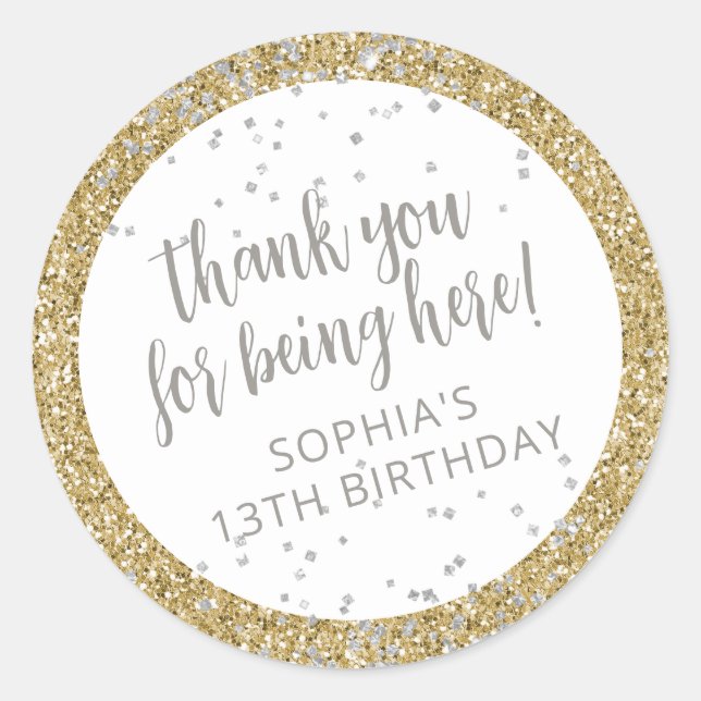 Sticker Rond Merci Parties scintillant or argent  anniversaire  (Devant)