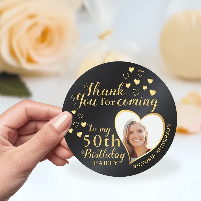 Sticker Rond Merci personnalisé Black et Gold 50e anniversaire (Black and Gold 50th Birthday Thank You Stickers with Custom Photo, Name and  Milestone)