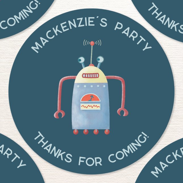 Sticker Rond Merci personnalisé du robot mignon (Robot kids birthday party personalized custom name and text thank you sticker)