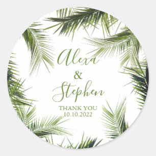 Sticker Rond Merci personnalisé Palm Feuilles Mariage tropical