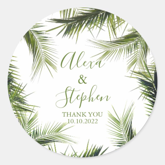Sticker Rond Merci personnalisé Palm Feuilles Mariage tropical (Devant)