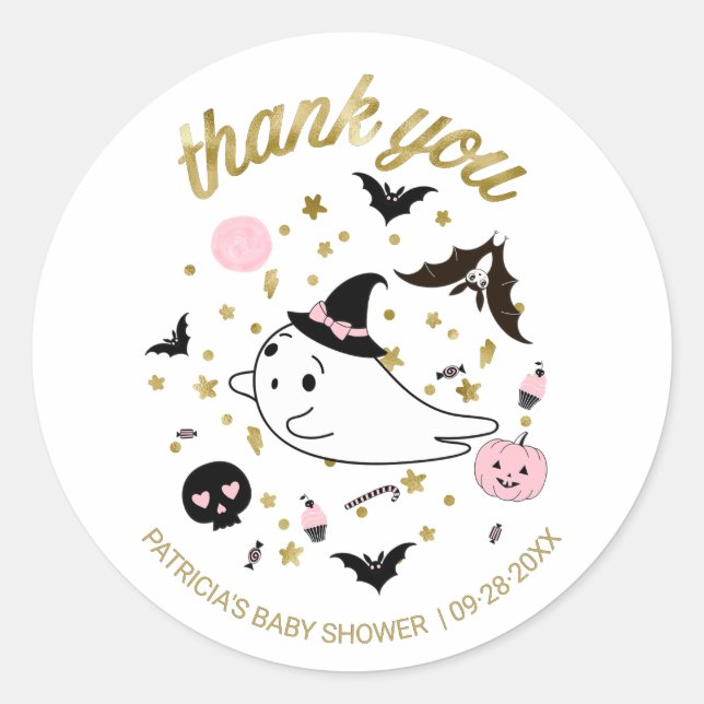 Sticker Rond Merci Petit Boo Halloween Baby shower fille (Devant)