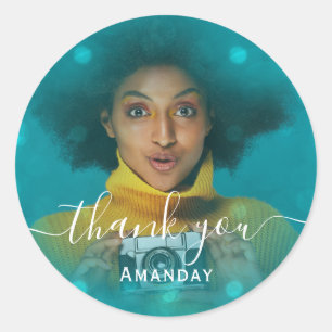 Sticker Rond Merci Photo Fille Fête d'anniversaire Rose Turquoi