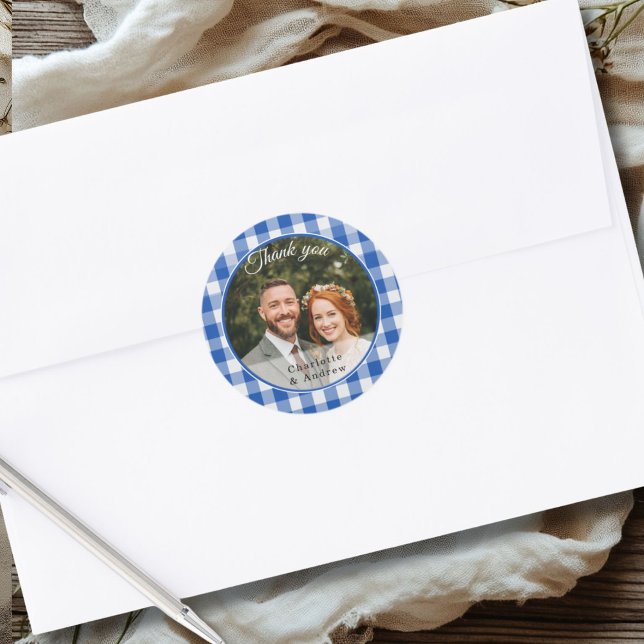 Sticker Rond Merci Photo Gingham Bleu (Blue Gingham Thank you Photo Classic Round Sticker)