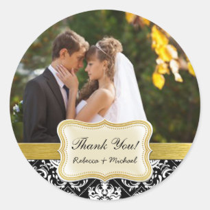 Sticker Rond Merci photo Mariage damassé noir et blanc