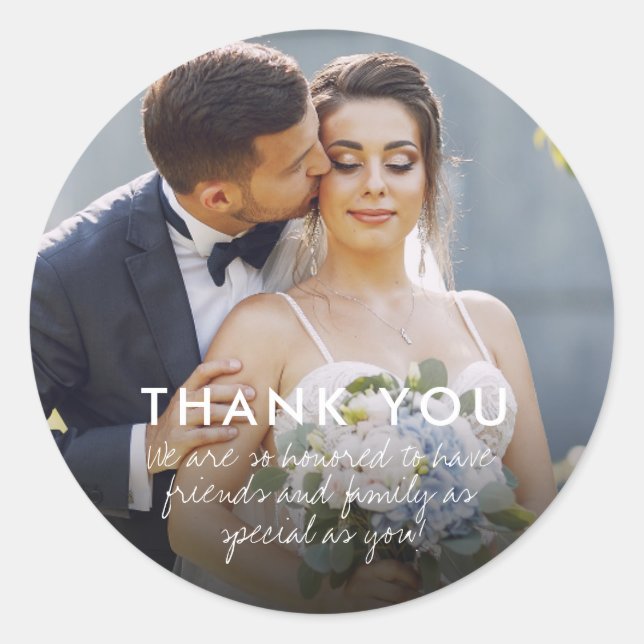 Sticker Rond Merci photo mariage élégant Favoriser les autocoll (Devant)