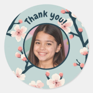 Sticker Rond Merci photo personnalisé Sakura Cerry Blossom