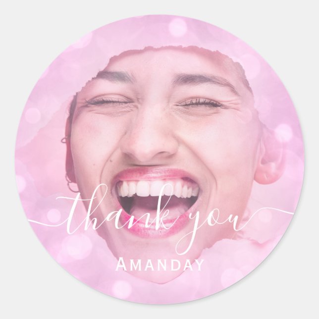Sticker Rond Merci Photo rose fête d'anniversaire Blush Pinky (Devant)