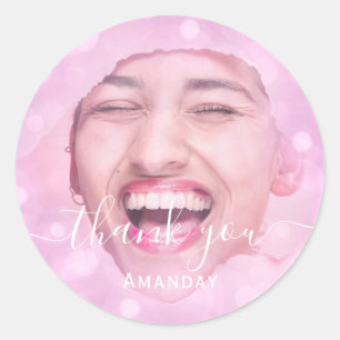 Sticker Rond Merci Photo rose fête d'anniversaire Blush Pinky