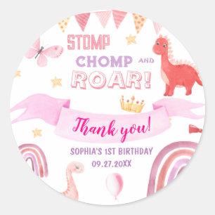 Sticker Rond Merci Pink Baby Dinasaur Anniversaire de enfant Pa