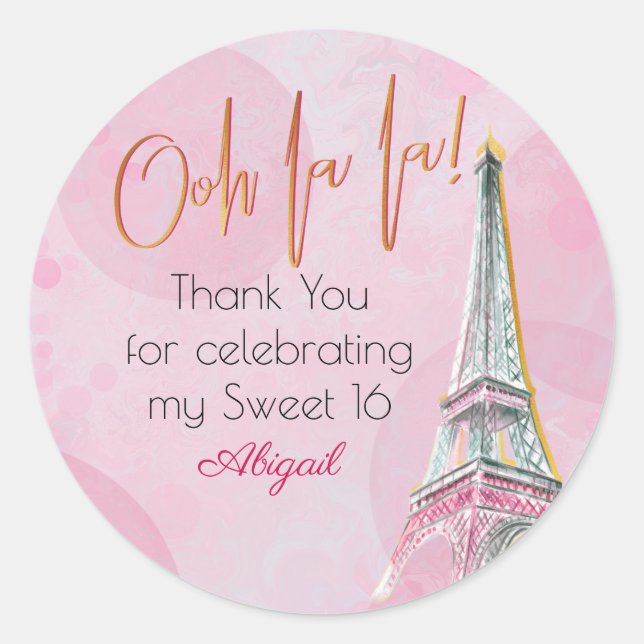 Sticker Rond Merci Pink Gold Paris Tour Eiffel Sweet 16 (Devant)