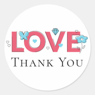 Sticker Rond Merci Pink Love Mariage Fête Papillons Cœurs