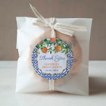 Sticker Rond Merci Positano Oranges Wedding shower Favoriser<br><div class="desc">autocollants de Merci pour tout événement (illustrés ici pour une Fête des mariées mais tous les champs de texte sont personnalisables). Le design est composé de citrons aquarelle avec de jolis flores roses avec du bleu cobalt et du texte rose fuchsia.</div>