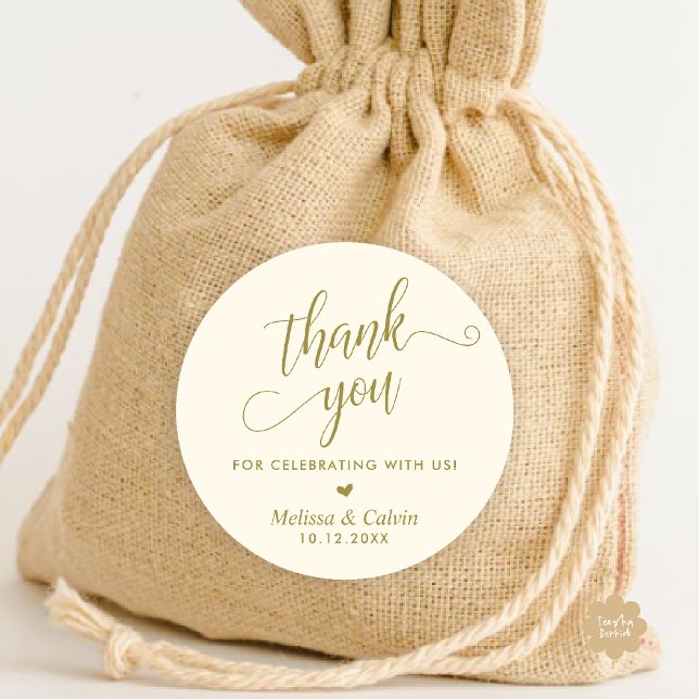 Sticker Rond Merci pour célébrer avec nous, Mariage (Thank you for celebrating with us, Elegant Rustic Wedding Classic Round Sticker in Yellow Gold)