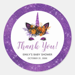 Sticker Rond Merci pour la Baby Shower Licorne Violet Halloween