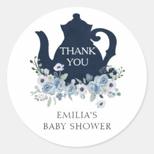 Sticker Rond Merci pour la Baby Shower Time for Tea Blue