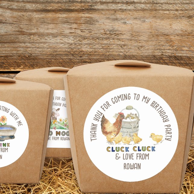 Sticker Rond Merci pour l'Anniversaire de la ferme de poulet à  (Farm theme birthday party stickers inspired by old macdonald nursery rhyme
)