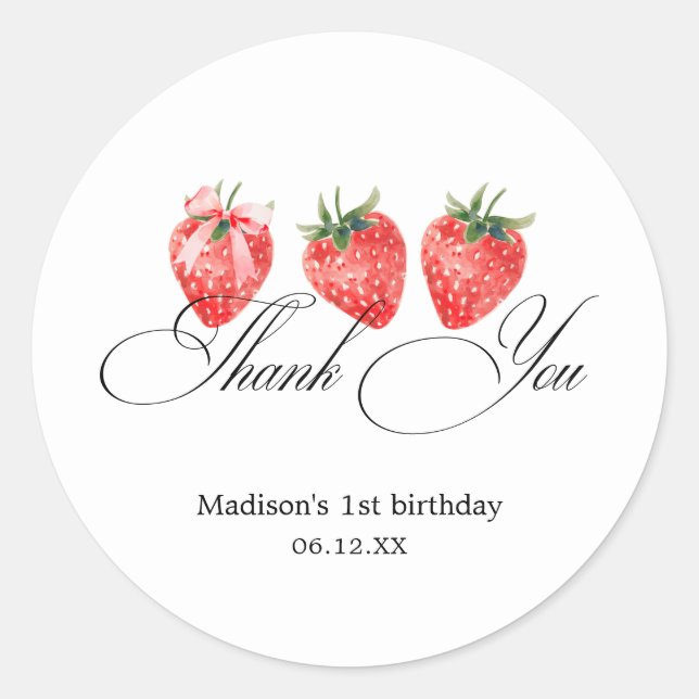 Sticker Rond Merci pour le 1er anniversaire de Strawberry Bow (Devant)