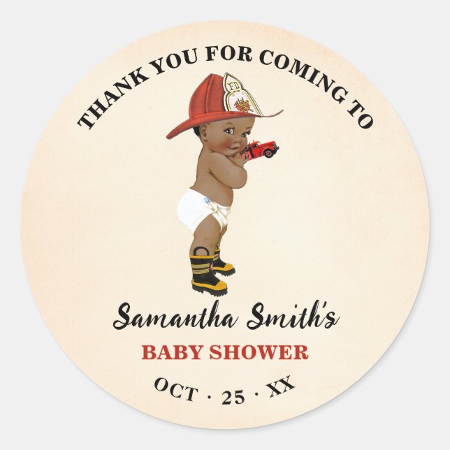 Sticker Rond Merci pour le Baby shower d'un pompier (Devant)