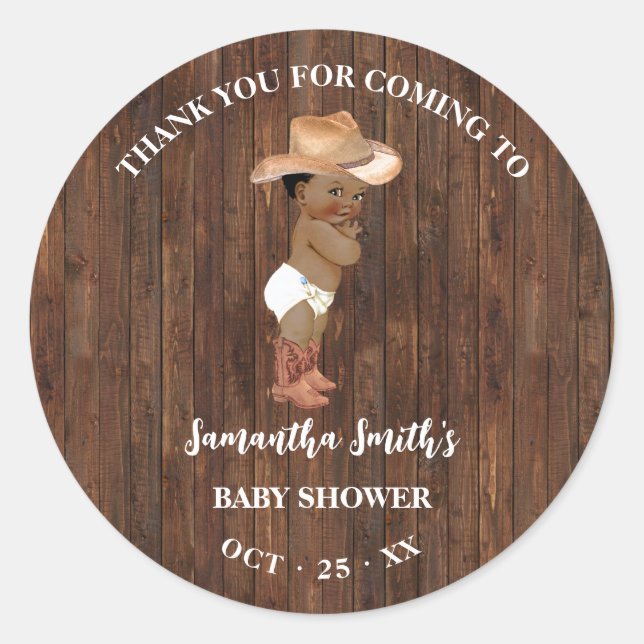 Sticker Rond Merci pour le Baby shower occidental Cowboy (Devant)