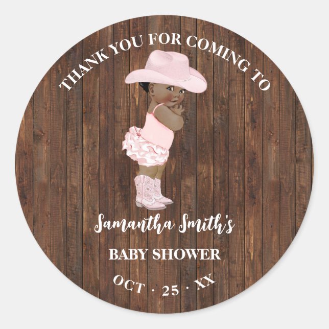 Sticker Rond Merci pour le Baby shower rose cowgirl à venir (Devant)