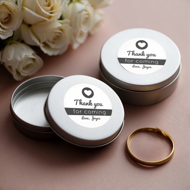 Sticker Rond Merci pour le coeur à venir Moderne Noir et Blanc (Thank You Stickers on Favor Tins)