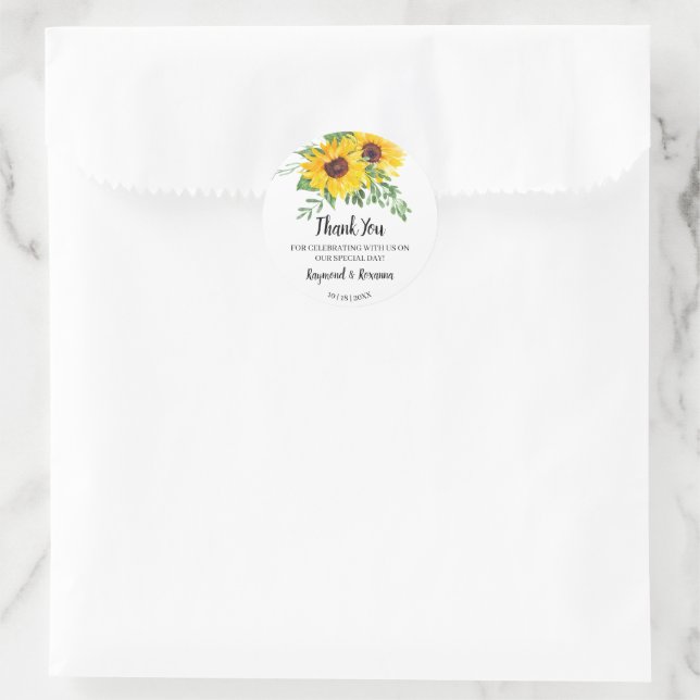 Sticker Rond Merci pour le mariage des tournesols (Sac)