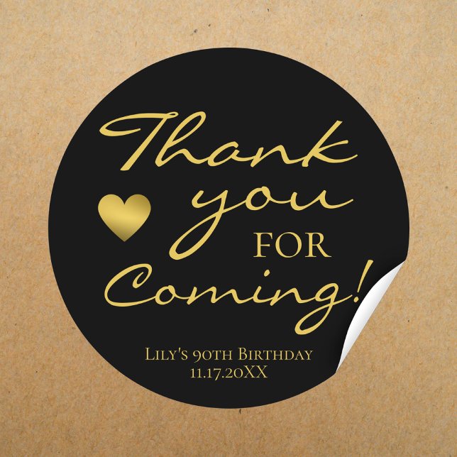 Sticker Rond Merci Pour Le Prochain Script Or Noir Anniversaire (Thank You for Coming Black & Gold Round Birthday Sticker)