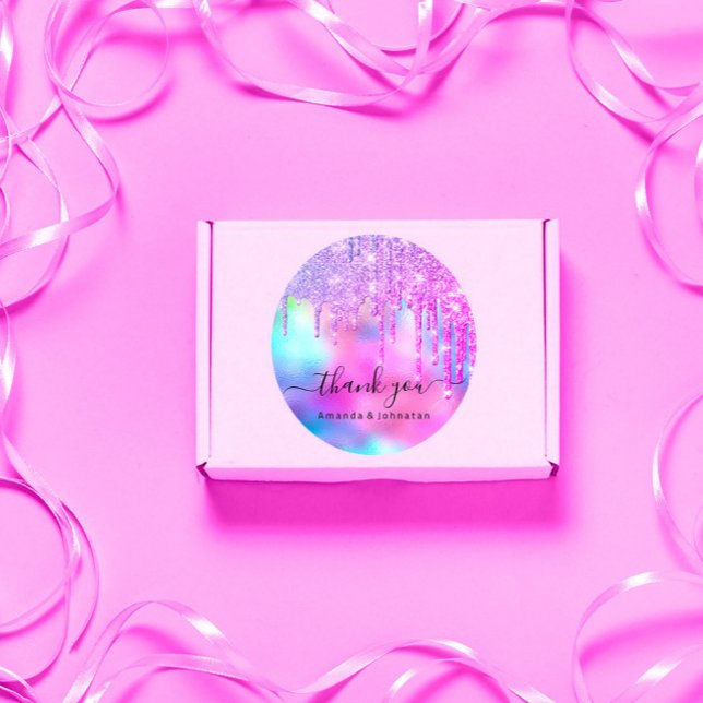 Sticker Rond Merci pour les gouttes de paillettes holographique (Thank You Bridal Sweet16th Glitter Holograph Drips Classic Round Sticker)